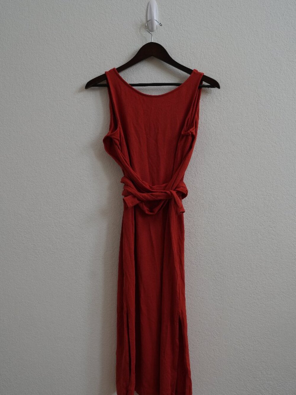 Cuyana Womens S Rust Orange Cotton Jersey Sleeveless Wrap Tie Waist Midi Dress